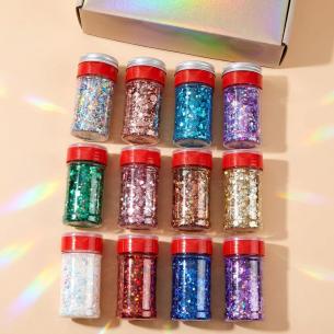Holographic Chunky Glitter Set, 12 Colors Mixed Shapes (Stars, Hexagons, Hearts) - 12×20g Shaker Jars for Resin, Tumblers, Nail Art, Festival Makeup - Wholesale OEM