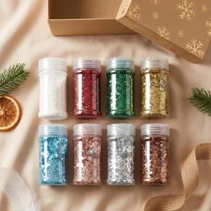 Christmas Glitter Set, 8 Holiday Colors with Snowflakes, Stars, Hearts - 8×15g Shaker Jars in Gift-Ready Box - Card Making, Ornaments, Gift Wrap, DIY Wholesale