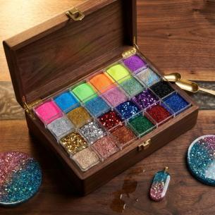 Resin Glitter Bulk Set 24 Colors × 50g (1.2kg Total) - 6 Neon + 6 Holographic + 6 Chunky + 6 Fine - Walnut Wood Box with Brass Clasp & Brass Scoop - Compatible with Epoxy/UV/Polyester Resin - Wholesal