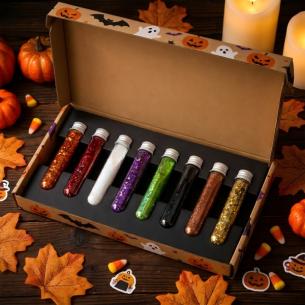 8 Color Halloween Glitter Set OEM Wholesale 8x10g Tubes Cardboard Gift Box Spooky Orange Black Puple Mix for Costume Cards Crafts  MOQ 500 sets Private Label