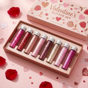 8 Color Valentine Glitter Set OEM Wholesale 8x10g Tubes Cardboard Gift Box Rose Gold Pink Red Heart Mix for Cards Cosmetic Crafts MOQ 500 sets Private Label