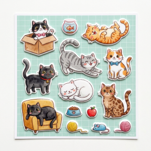 Cute Cats & Kittens Watercolor Puffy Sticker Sheet - 16 Count