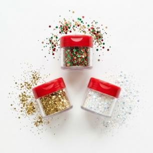 Christmas Pre-Mixed Glitter 3-Jar Set — Red Green Gold Holiday Blend for Q4 Retail PDQ