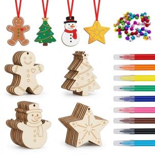 Adult DIY Wood Christmas Ornament Coloring Kit - 80 Pcs, 8 Shapes, 9 Premium Markers (Gold & Silver