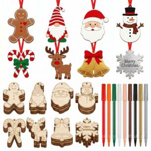 Family Christmas Wood Ornament Coloring Kit 2 Shapes + Wood Bells & Clock Tags