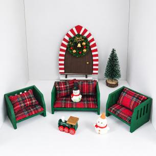 Miniature Christmas Furniture Set – Wooden Dollhouse Sofa, Armchairs, Door & Tree | Festive Miniature Accessories – Bulk Wholesale OEM
