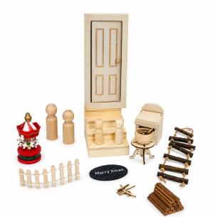 Miniature Wooden Christmas Door Set – Carousel, Peg Dolls, Log Ladder & Firewood | Dollhouse Porch Scene – Bulk Wholesale OEM