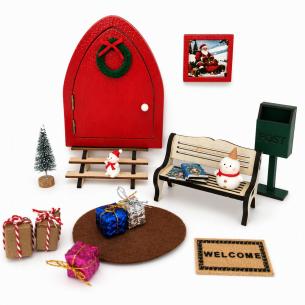 Miniature Christmas Entrance Set – Red Arched Door, POST Mailbox, Bench & Wrapped Gifts | Dollhouse Porch Scene – Bulk Wholesale OEM