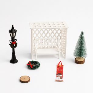 Miniature Garden Arbor Set – White Lattice Pergola, Bench & Street Lamp | Dollhouse Outdoor Scene – Bulk Wholesale OEM