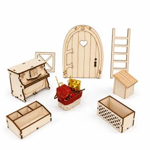 Laser-Cut Wooden Dollhouse Furniture Kit – Piano, Arched Door, Ladder & Storage Crates | Flat-Pack Miniature Set – Bulk Wholesale OEM