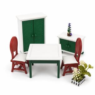 Painted Dollhouse Dining Room Set – Table, Two Chairs, Armoire & Sideboard | Miniature Furniture Collection – Bulk Wholesale OEM