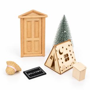 Miniature Wooden Door with Porch Roof & A-Frame Star House | Dollhouse Christmas Village Set – Bulk Wholesale OEM