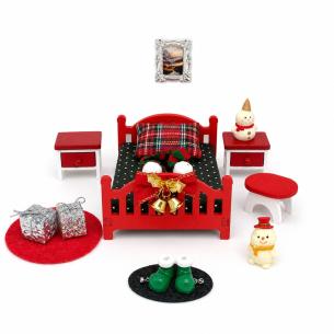 Red Dollhouse Bedroom Set – Bed, Two Nightstands, Stool & Snowmen | Miniature Christmas Bedroom – Bulk Wholesale OEM