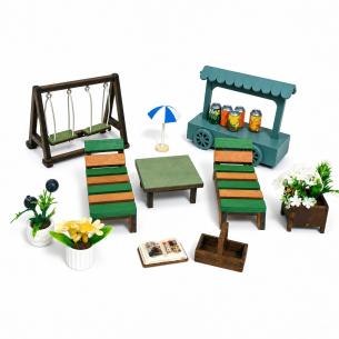 Miniature Garden Patio Set – Swing Frame, Two Loungers, Table & Market Cart | Dollhouse Outdoor Furniture – Bulk Wholesale OEM