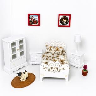 White Dollhouse Bedroom Set – Armoire, Bed, Two Nightstands & Lamp | Miniature Bedroom Furniture – Bulk Wholesale OEM