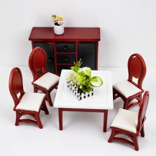 Red Dollhouse Dining Set – White-Top Table, Four Oval-Back Chairs & Sideboard | Miniature Dining Room – Bulk Wholesale OEM
