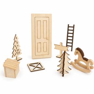 Laser-Cut Wooden Dollhouse Accessory Kit – Door, Trees, Ladder, Sign Post & Rocking Horse | Flat-Pack Miniatures – Bulk Wholesale OEM