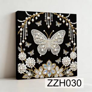 Bejeweled Butterfly with Floral Garland – Framed Pearl Diamond Painting, 20×20 cm and 30×30 cm