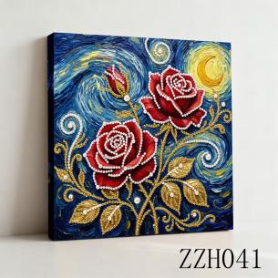 Red Roses on Swirling Blue – Framed Pearl Diamond Painting, 20×20 cm and 30×30 cm