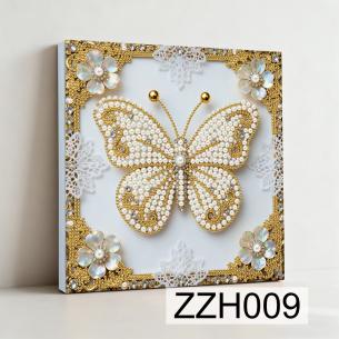Gilded Butterfly and Blossoms – Framed Pearl Diamond Painting, 20×20 cm and 30×30 cm