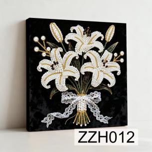 Lily Bouquet on Black – Framed Pearl Diamond Painting, 20×20 cm and 30×30 cm