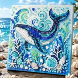 Blue Whale in Coral – Framed Pearl Diamond Painting, 20×20 cm and 30×30 cm