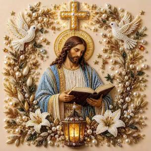 Jesus with Cross and Doves – Framed Pearl Diamond Painting, 20×20 cm and 30×30 cm