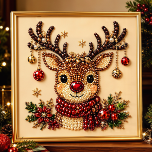 Reindeer with Ornaments – Framed Pearl Diamond Painting, 20×20 cm and 30×30 cm