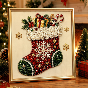 Christmas Stocking with Gifts – Framed Pearl Diamond Painting, 20×20 cm and 30×30 cm
