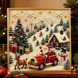 Winter Village with Red Truck – Framed Pearl Diamond Painting, 20×20 cm and 30×30 cm