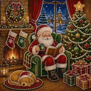 Santa Reading by the Fire – Framed Pearl Diamond Painting, 20×20 cm and 30×30 cm