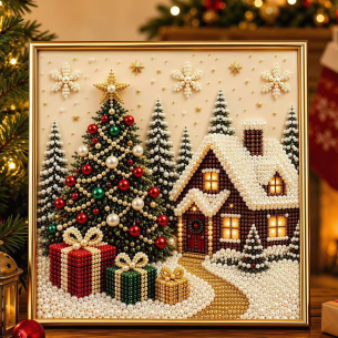 Snowy Cabin Christmas Scene – Framed Pearl Diamond Painting, 20×20 cm and 30×30 cm