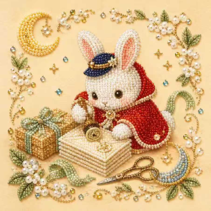 Bunny with Gifts and Crescent Moon – Framed Pearl Diamond Painting, 20×20 cm and 30×30 cm