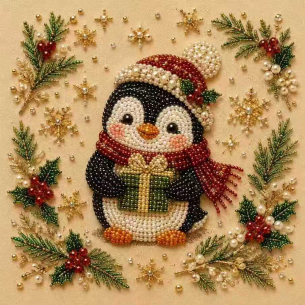 Penguin with Red Scarf – Framed Pearl Diamond Painting, 20×20 cm and 30×30 cm