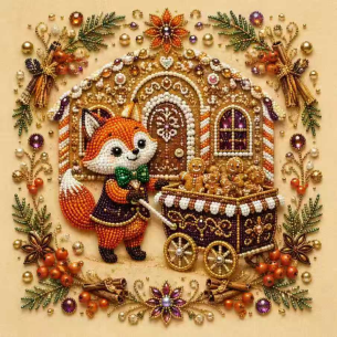 Fox with Gingerbread Cart – Framed Pearl Diamond Painting, 20×20 cm and 30×30 cm