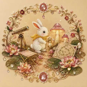 Bunny with Telescope and Map – Framed Pearl Diamond Painting, 20×20 cm and 30×30 cm