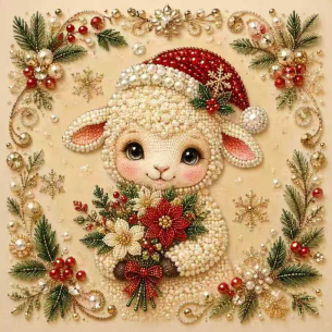 Lamb with Winter Flowers – Framed Pearl Diamond Painting, 20×20 cm and 30×30 cm