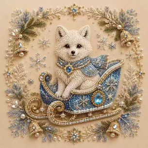 White Cat in a Blue Sleigh – Framed Pearl Diamond Painting, 20×20 cm and 30×30 cm