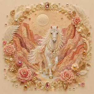 White Horse in Pink Valley – Framed Pearl Diamond Painting, 20×20 cm and 30×30 cm
