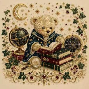 Teddy Bear Reading by Lantern Light – Framed Pearl Diamond Painting, 20×20 cm and 30×30 cm