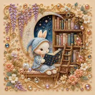 Bunny Reading on a Bookshelf – Framed Pearl Diamond Painting, 20×20 cm and 30×30 cm