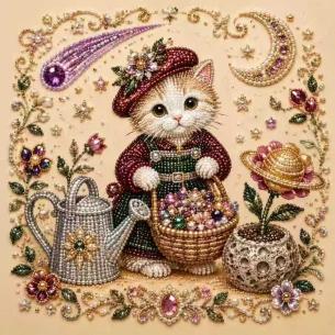 Cat with Watering Can and Flowers – Framed Pearl Diamond Painting, 20×20 cm and 30×30 cm