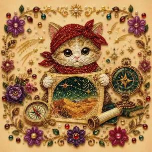 Cat Painter with Compass and Seashells – Framed Pearl Diamond Painting, 20×20 cm and 30×30 cm