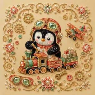Aviator Penguin with Toy Train – Framed Pearl Diamond Painting, 20×20 cm and 30×30 cm