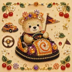 Teddy Bear on a Carousel Horse – Framed Pearl Diamond Painting, 20×20 cm and 30×30 cm
