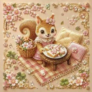 Squirrel with Picnic Basket – Framed Pearl Diamond Painting, 20×20 cm and 30×30 cm
