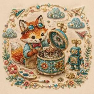 Fox with Sewing Box – Framed Pearl Diamond Painting, 20×20 cm and 30×30 cm