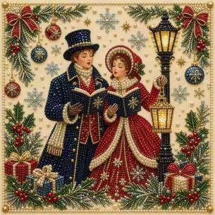 Caroling Couple under a Lamppost – Framed Pearl Diamond Painting, 20×20 cm and 30×30 cm