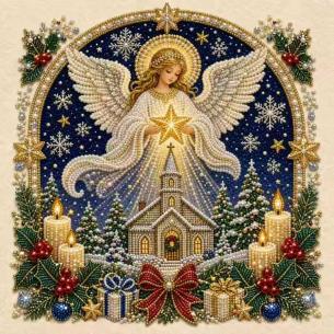 Angel with Star in an Arch – Framed Pearl Diamond Painting, 20×20 cm and 30×30 cm