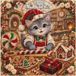 Kitten with Gingerbread House – Framed Pearl Diamond Painting, 20×20 cm and 30×30 cm